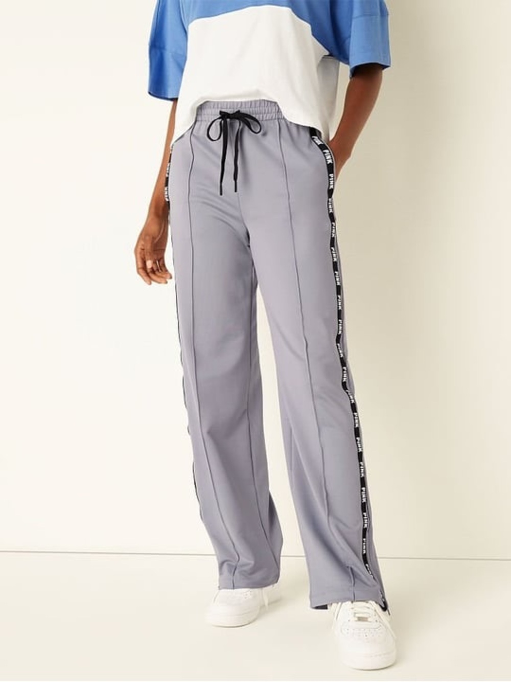 Victoria's Secret PINK High Waist Wide Leg Track Pants in grey.
